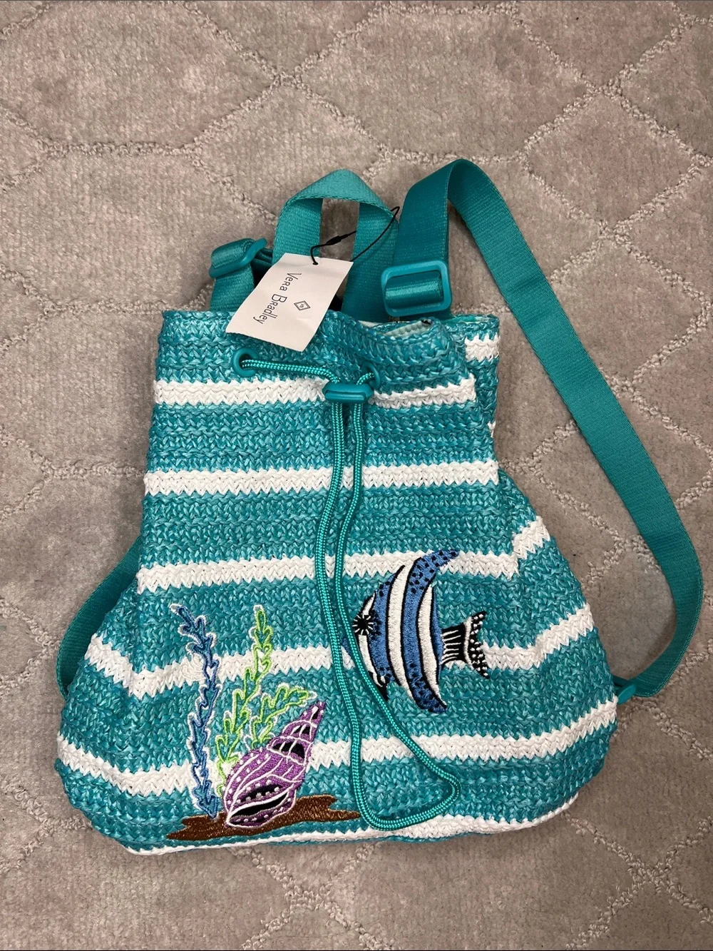 Vera Bradley Straw Drawstring Backpack Retired Antilles Treasure Turquoise Fish Vera Bradley Straw Zip Travel ID Case Antilles Treasure NWT  main image 4